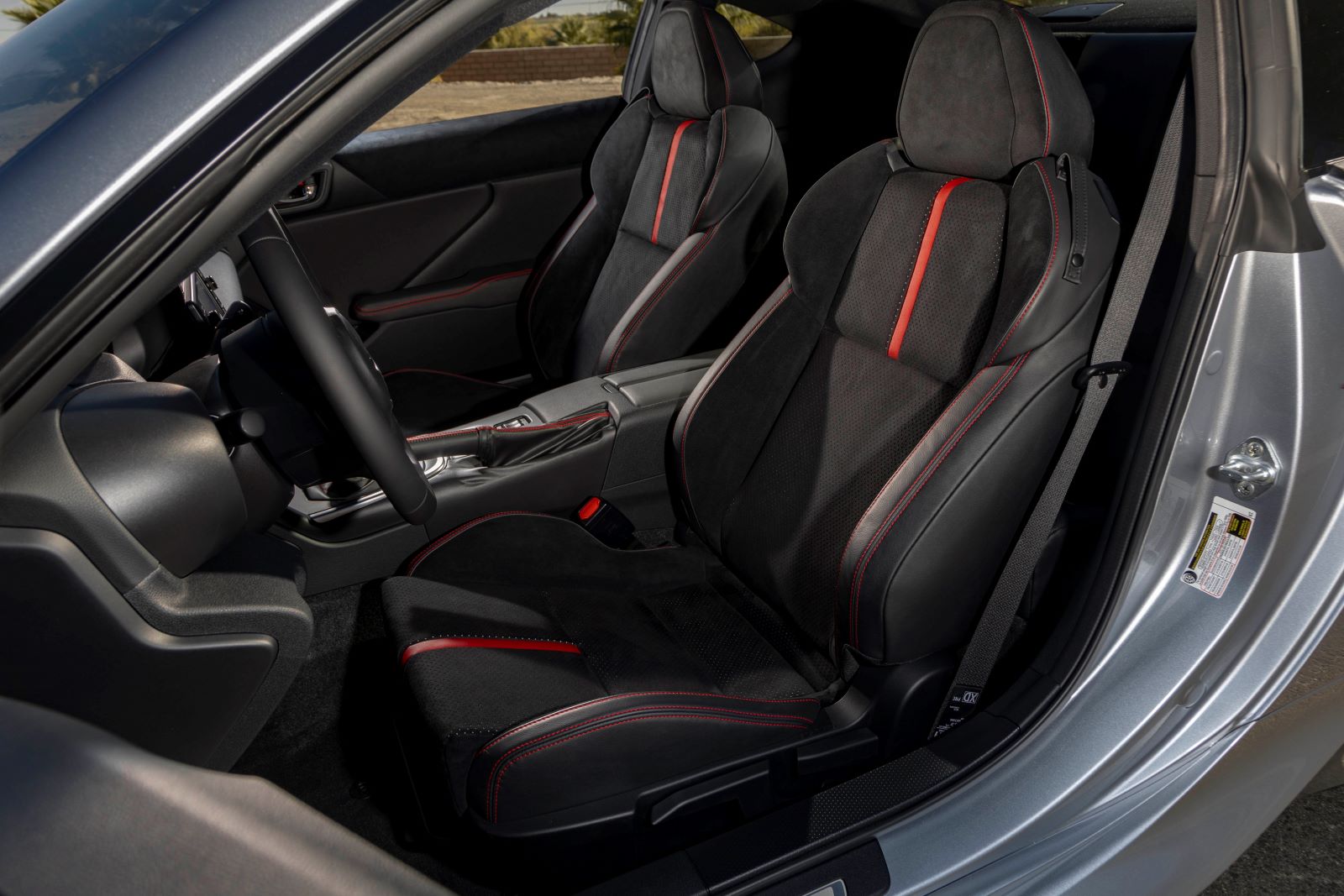 Interior shot of the 2022 Subaru BRZ Limited trim level, with black leather and faux suede upholstery trim