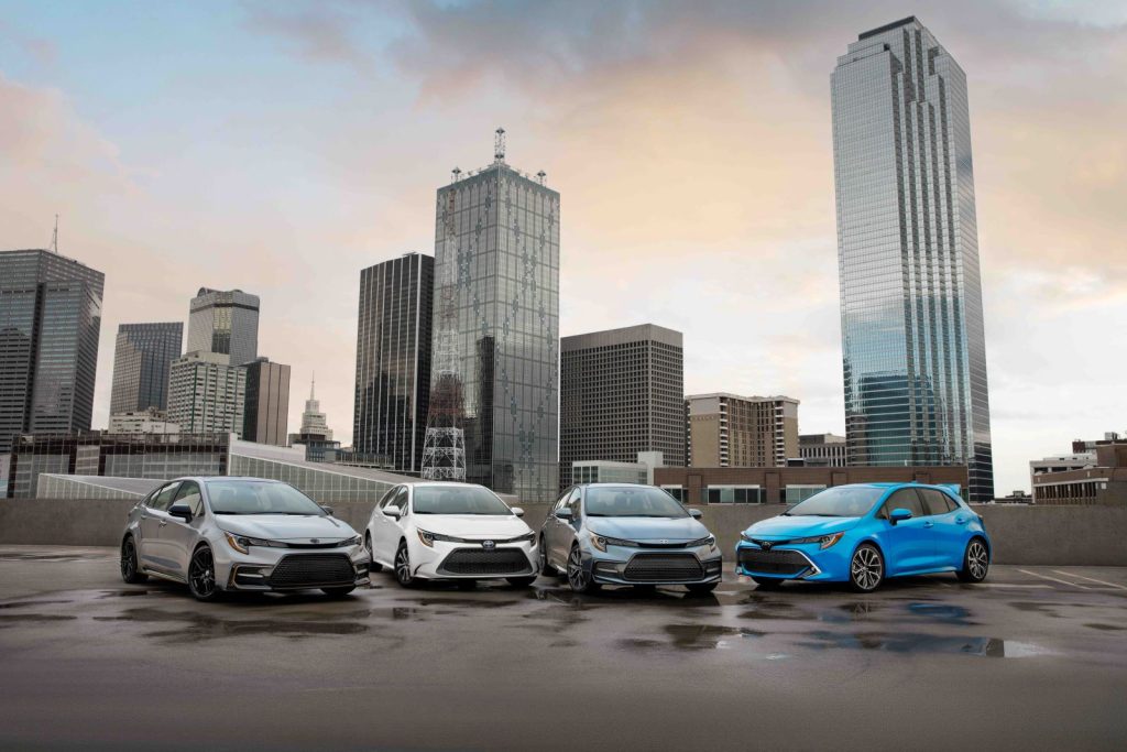 Lineup of 2022 Toyota Corolla cars in a variety of body styles; the Corolla recently won Top Safety Pick Plus