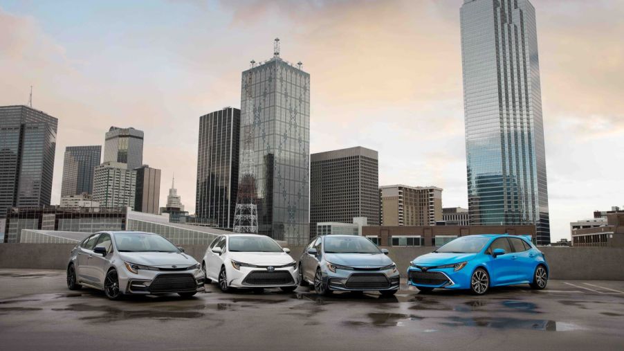 Lineup of 2022 Toyota Corolla cars in a variety of body styles; the Corolla recently won Top Safety Pick Plus