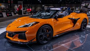 An orange 2023 C8 Chevrolet Corvette Z06 Convertible at the 2022 Chicago Auto Show