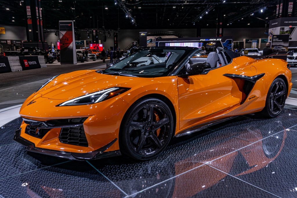 An orange 2023 C8 Chevrolet Corvette Z06 Convertible at the 2022 Chicago Auto Show
