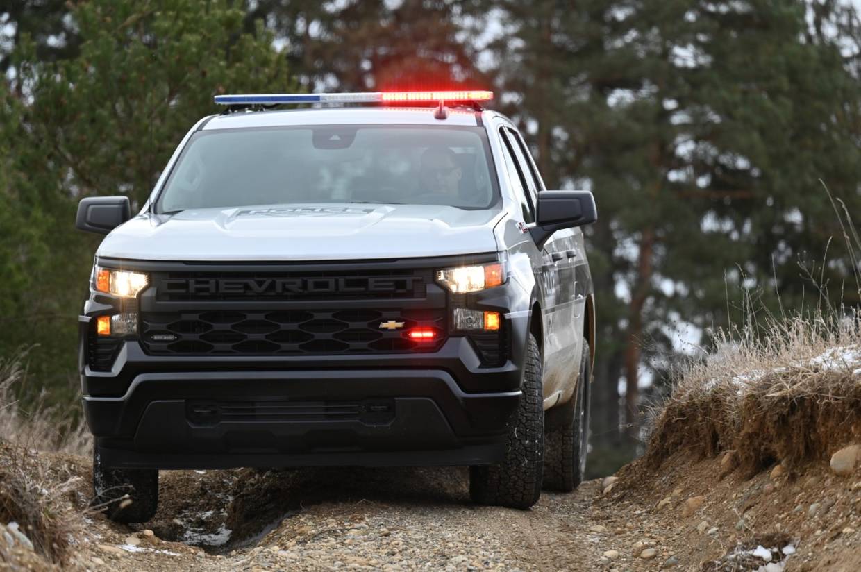The 2023 Chevy Silverado Police Pursuit truck in the woods