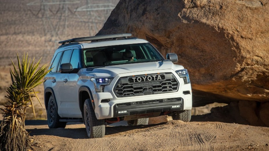 White 2023 Toyota Sequoia TRD Pro on a desert trail