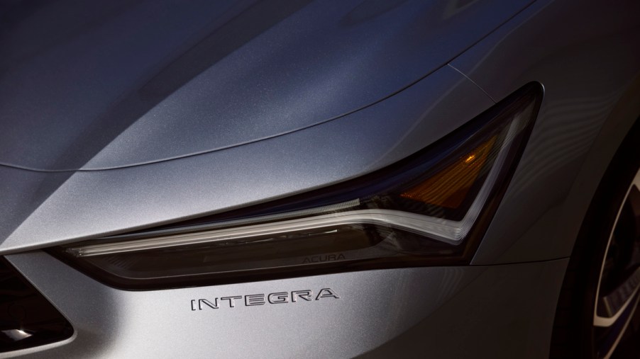 Close-up of an Integra embossed logo on the 2023 Acura Integra sedan