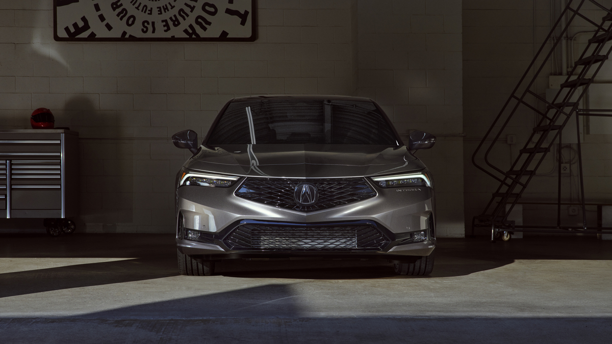 Front-facing shot of 2023 Acura Integra design features, namely the Diamond Pentagon grille