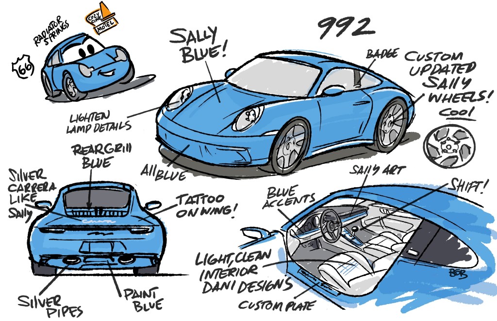 A collection of exterior and interior sketches of the blue 992 Porsche 911 Sally Carrera Tribute build