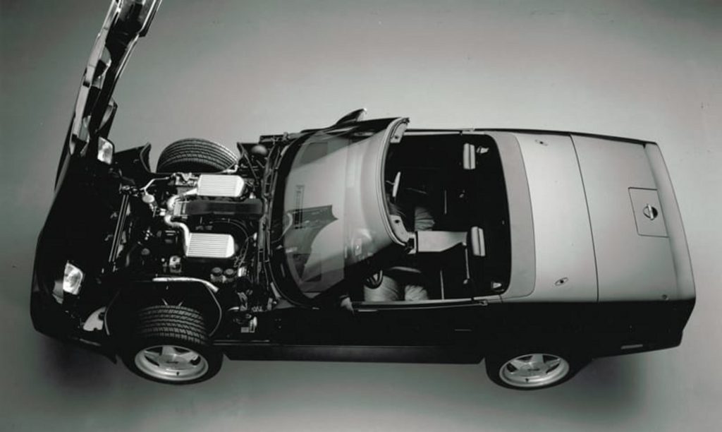 Overhead view of B2K Callaway Twin-Turbo C4 Chevrolet Corvette with open hood