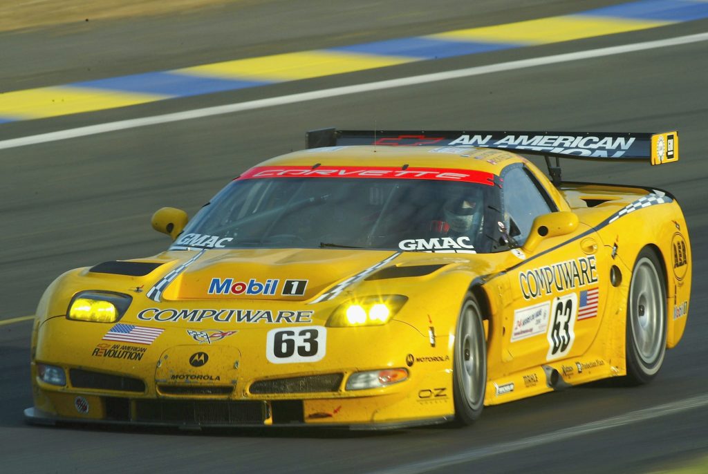 A yellow Chevrolet Corvette C5-R qualifying at the 2004 24 Hours of Le Mans