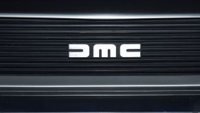 DMC DeLorean logo at the 'Back to the Future' Hollywood Museum exhibit in Hollywood, California