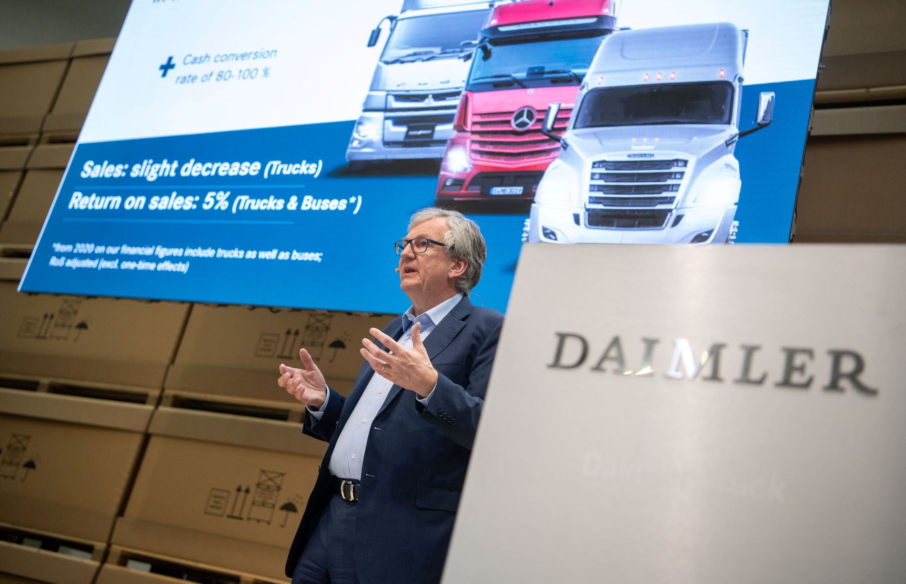 A Daimler Truck press conference as Chairman of the Board of Management Martin Daum speaks, prior to ending business in Russia