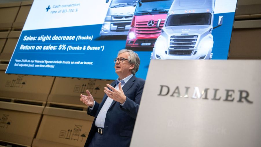 A Daimler Truck press conference as Chairman of the Board of Management Martin Daum speaks, prior to ending business in Russia