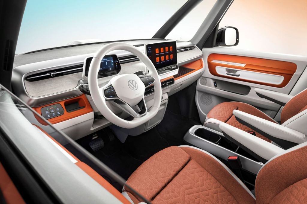 Dashboard and front seats in 2024 VW ID. Buzz, highlighting its release date and price