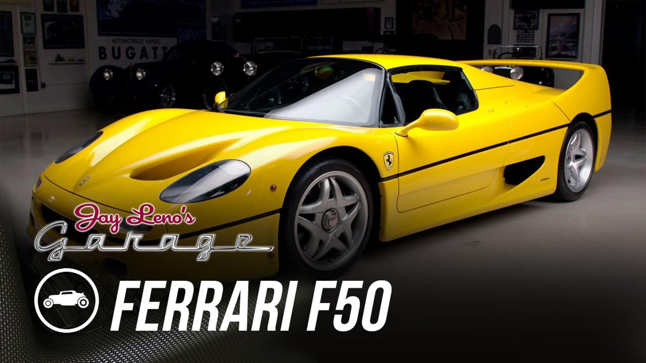 David Lee's yellow Ferrari F50 in Jay Leno's garage