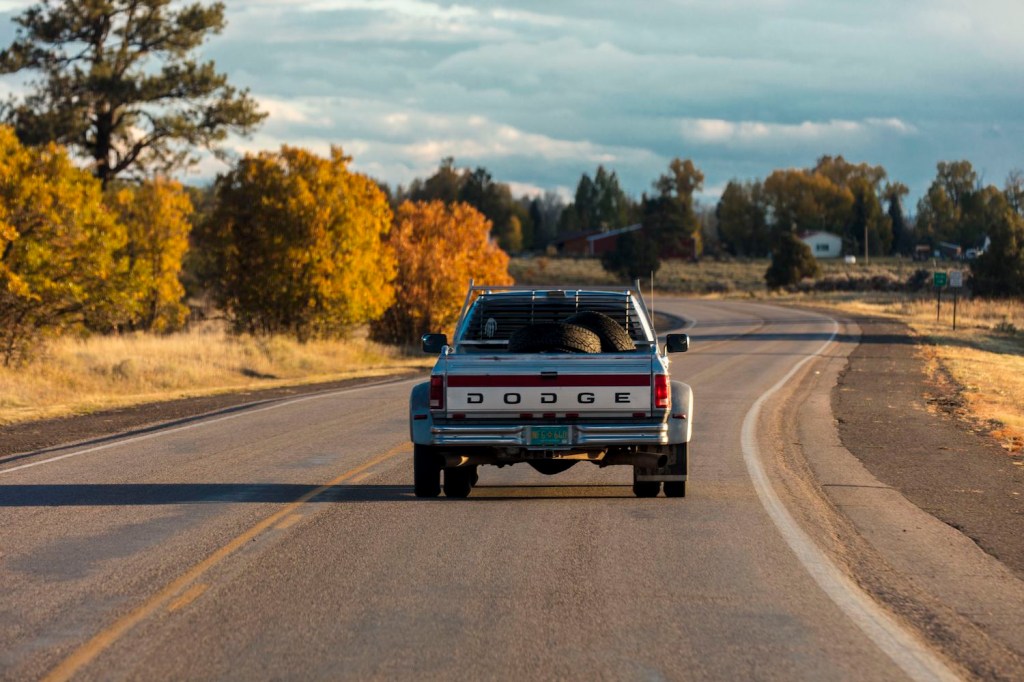Old Dodge pickup truck driving down a tree-lined country road.