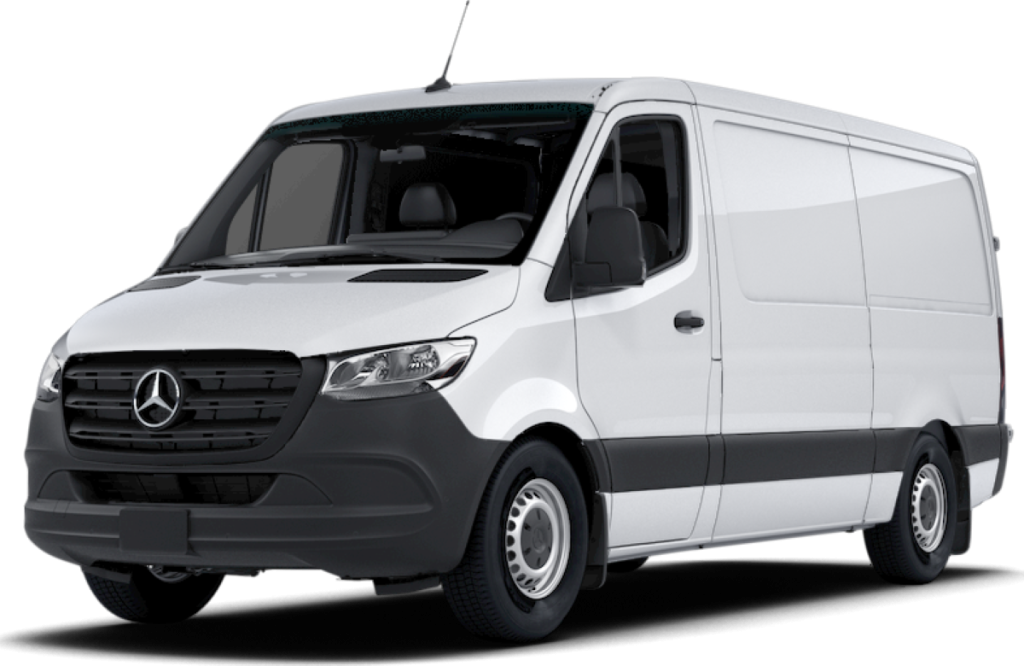 Driver's side front angle view of white 2023 Mercedes-Benz Sprinter Cargo Van, highlighting its release date and price