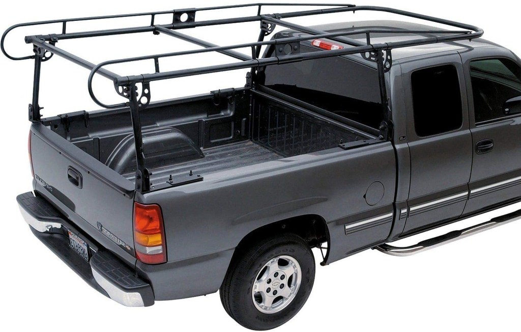 Promo photo of a steel ladder rack on a gray Chevy pickup truck.