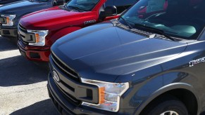Ford F-150 pickup trucks on a lot.