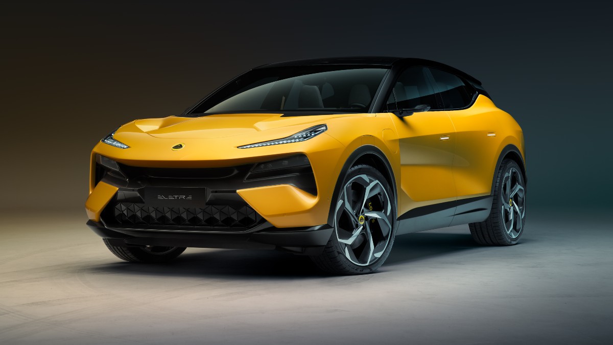 Front angle view of yellow 2024 Lotus Eletre, highlighting its release date and price