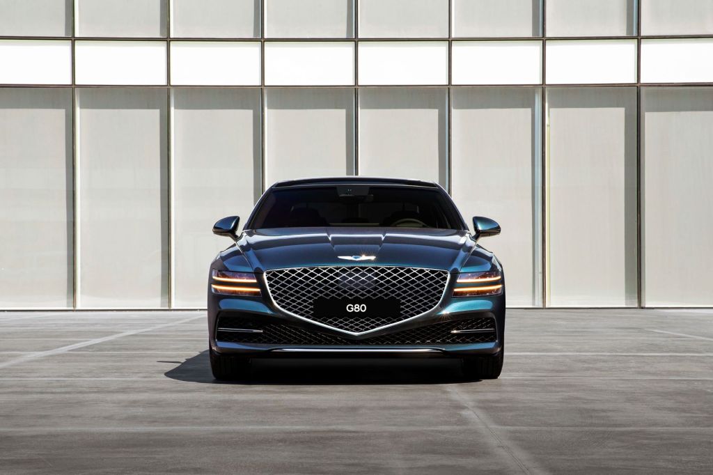 Front view of blue 2022 Genesis G80, one of the safest luxury cars to buy in 2022