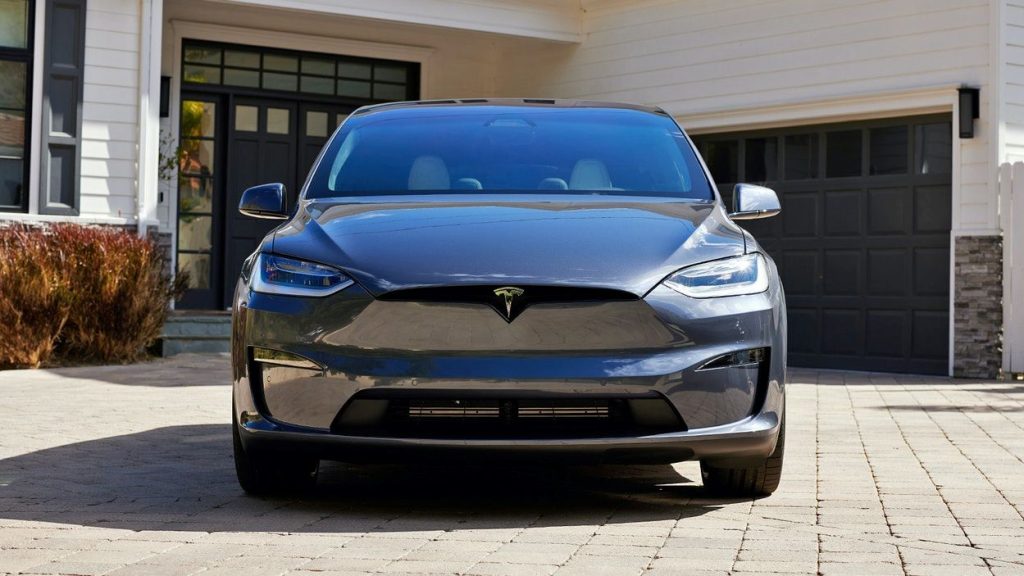 Front view of new gray Tesla Model X Plaid that you can win for Omaze contest