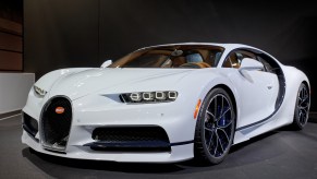 white Bugatti Chiron release with black grille and accents, front three-quarter shot