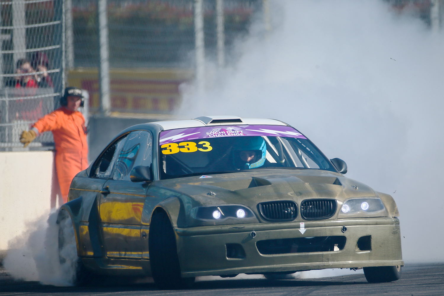 Driver Denis Migal BMW M3 competes during the Sochi Drift Challenge