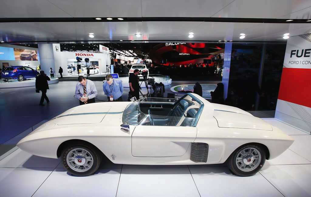 For the 50th anniversary of the Ford Mustang, Ford has on display the 1962 Ford Mustang 1 concept car which later evolved into the Mustang production car at the North American International Auto Show