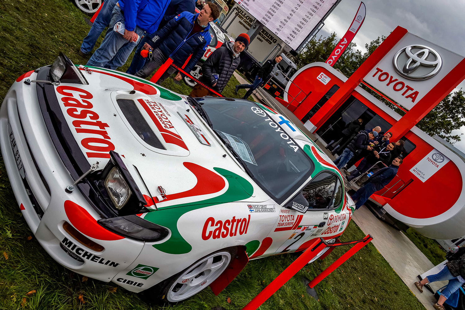 Toyota Gazoo Racing displayed the 1992-94 WRC winning #2 Juha Kankkunen and co-driver Nicky Grist Celica GT-Four at the Cholmondeley Castle stage of the Rally GB 