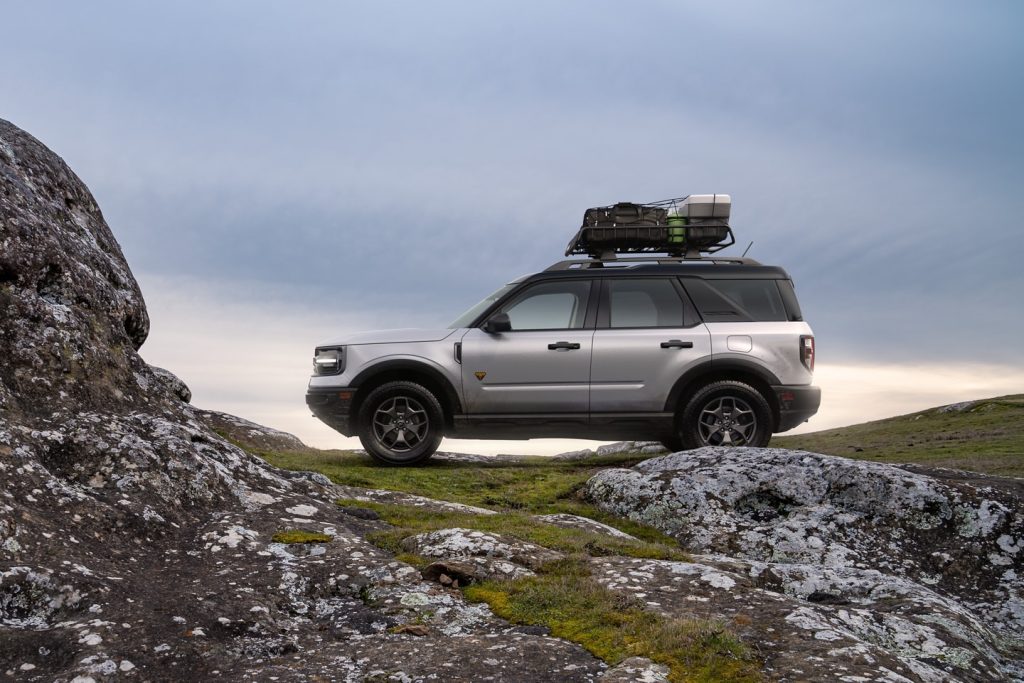 Iconic Silver 2022 Ford Bronco Sport parked near some rocks