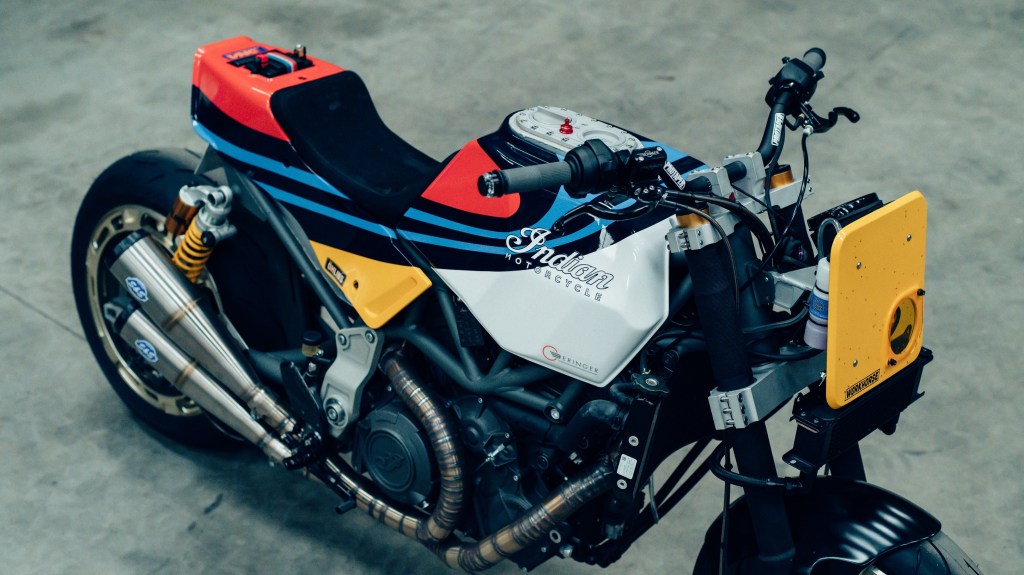 An overhead view of Workhorse Speed Shop's Martini-liveried Indian FTR AMA with yellow headlight surround