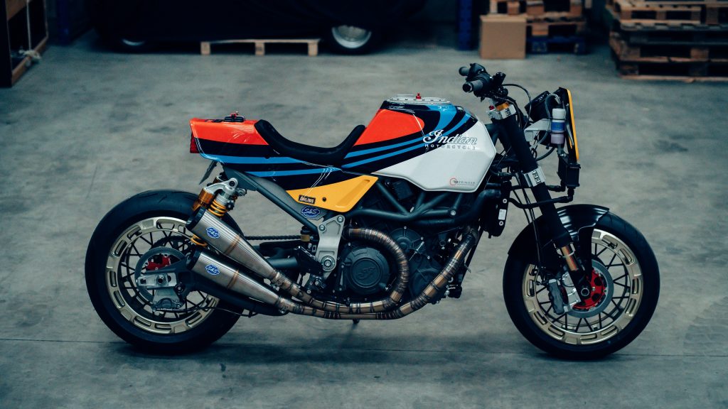 The side view of Workhorse Speed Shop's Martini-liveried Indian FTR AMA