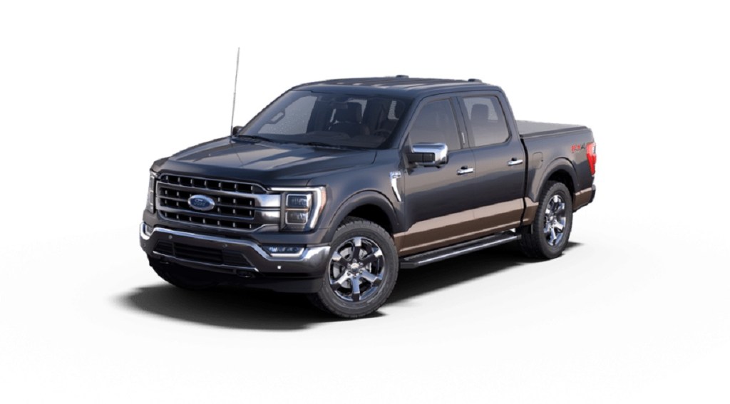 A dark blue 2022 Ford F-150 Lariat against a white background.