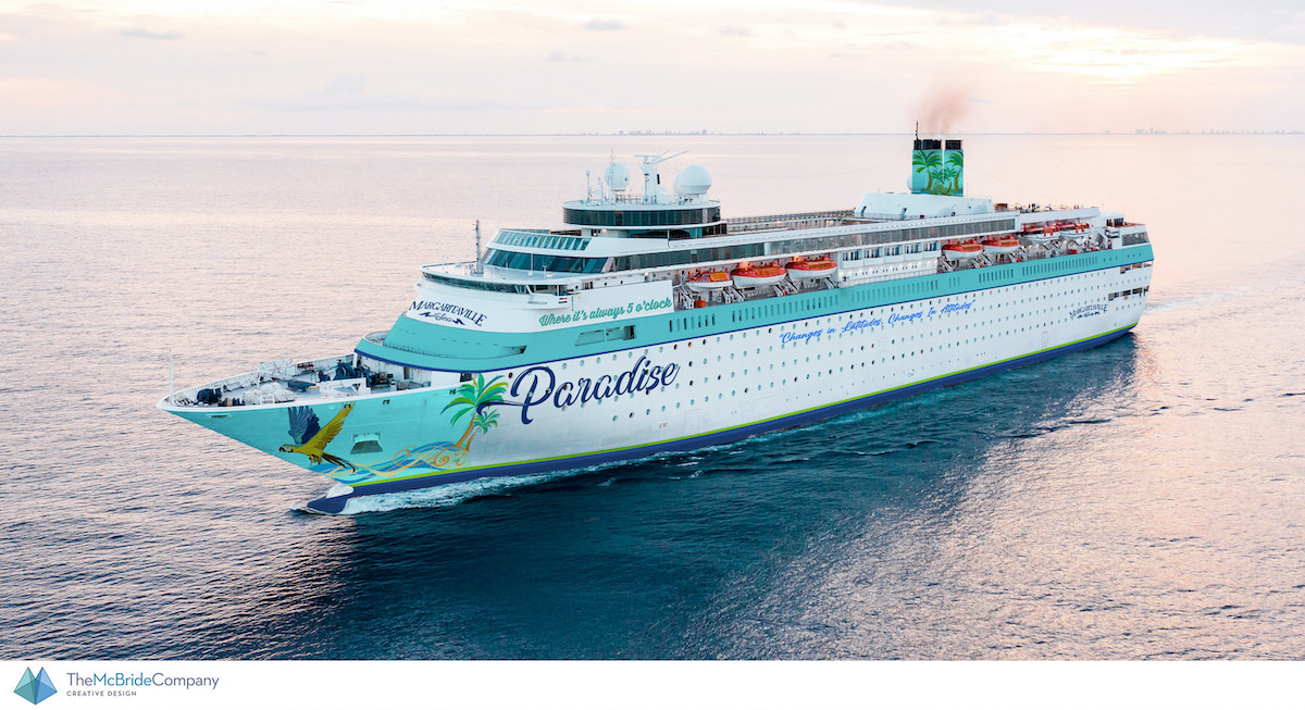 Margaritaville at Sea Paradise cruise ship sailing in open water; Jimmy Buffett Margaritaville brand