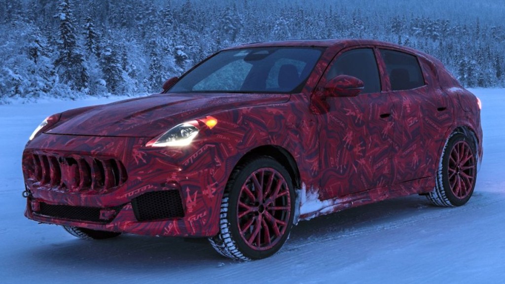 Red and black Maserati Grecale Prototype in the snow