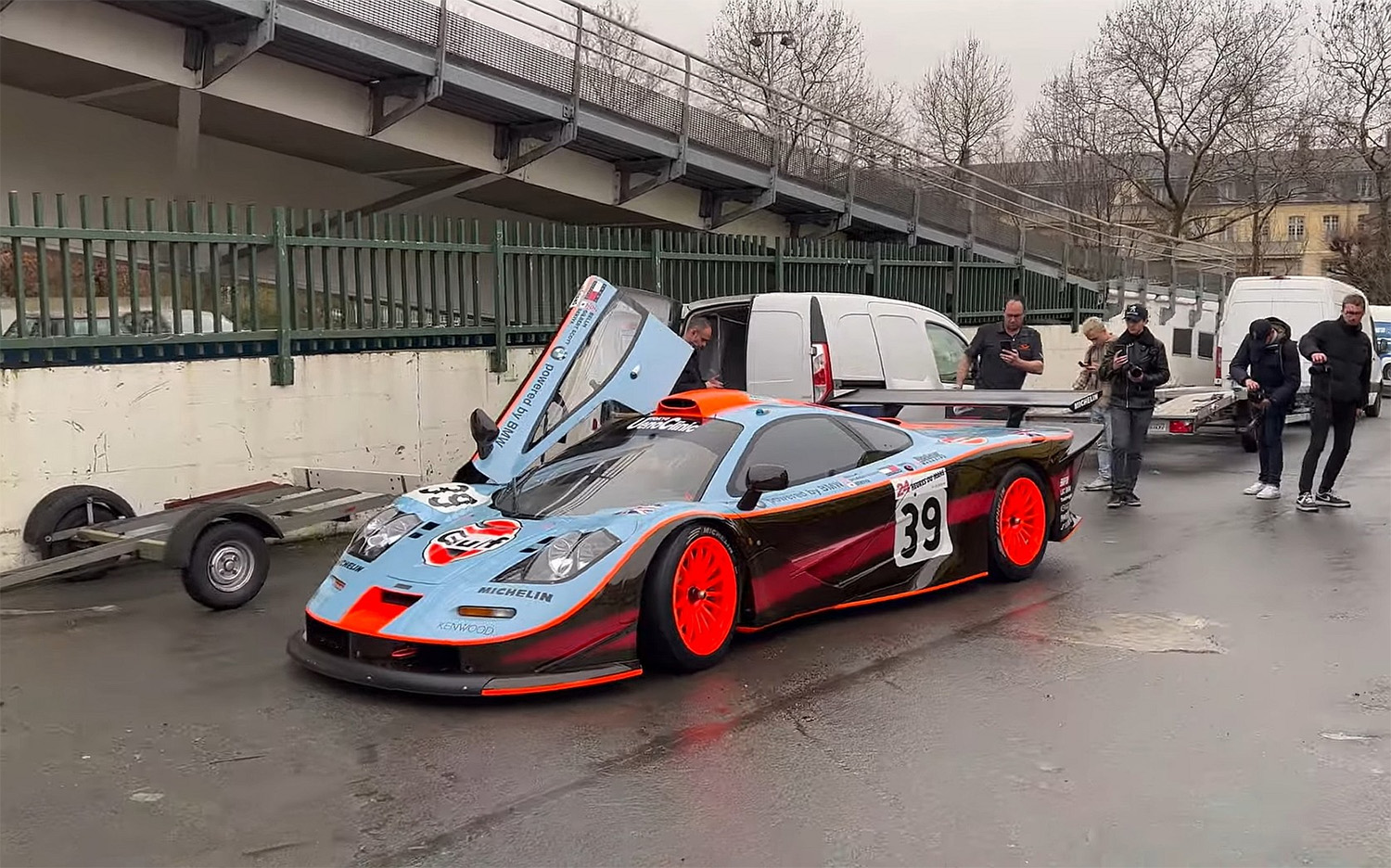 A Le Mans competition McLaren F1 GTR Longtail loading into Paris Retromobile car show 