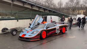 A Le Mans competition McLaren F1 GTR Longtail loading into Paris Retromobile car show