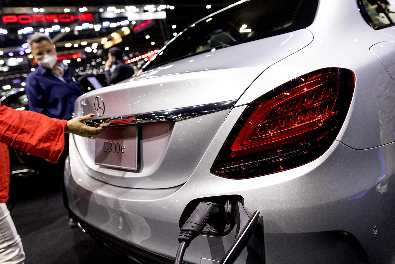 Mercedes C300e plug-in hybrid with charger installed at Thailand International Auto Show 