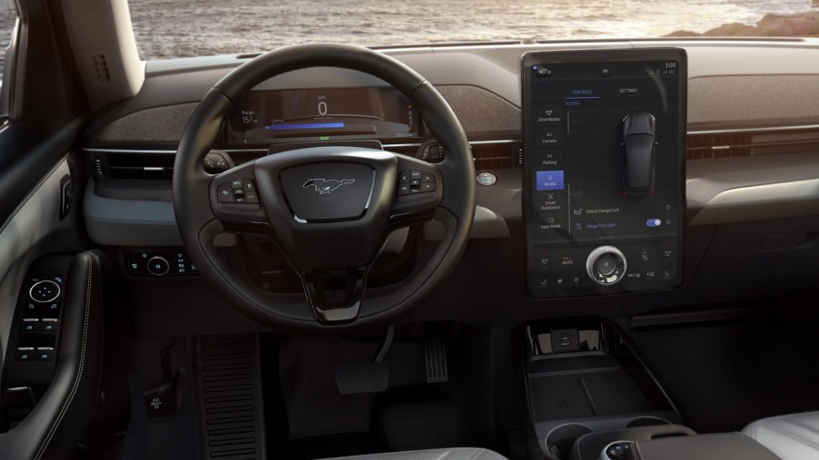 A Ford Mustang Mach-E interior display using Ford Sync 4 infotainment technology.