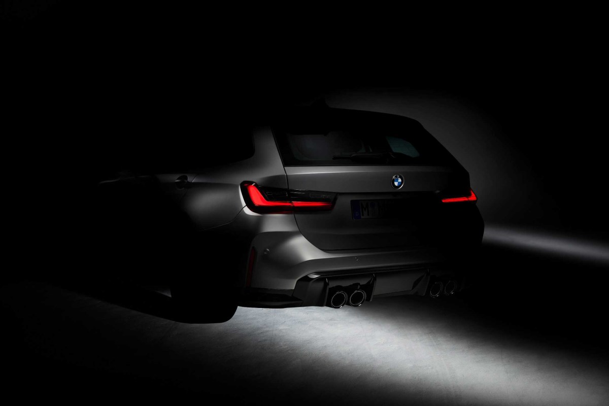 A rear view teaser image of the upcoming BMW M3 Touring. Image is heavily shadowed to disguise the car.