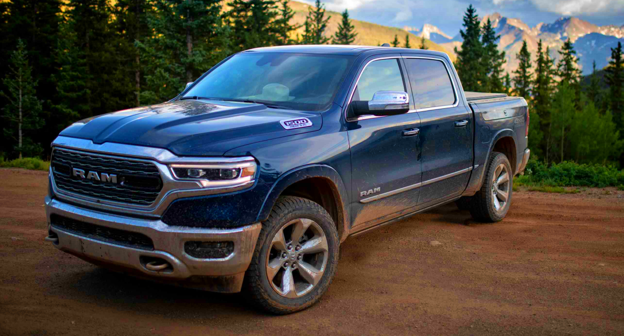 A blue 2022 Ram 1500 full-size pickup truck is parked.