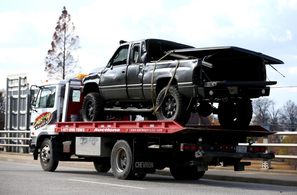 Totaled Ram truck that was not equipped with auto braking.