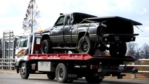 Totaled Ram truck that was not equipped with auto braking.