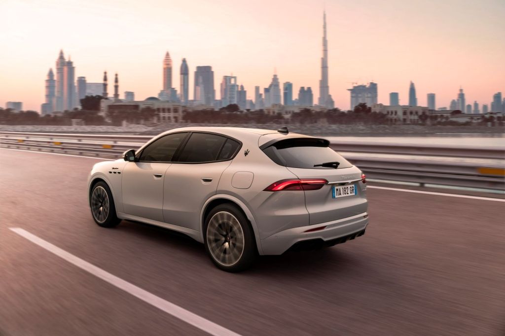 Rear angle view of light gray 2023 Maserati Grecale, highlighting its release date and price
