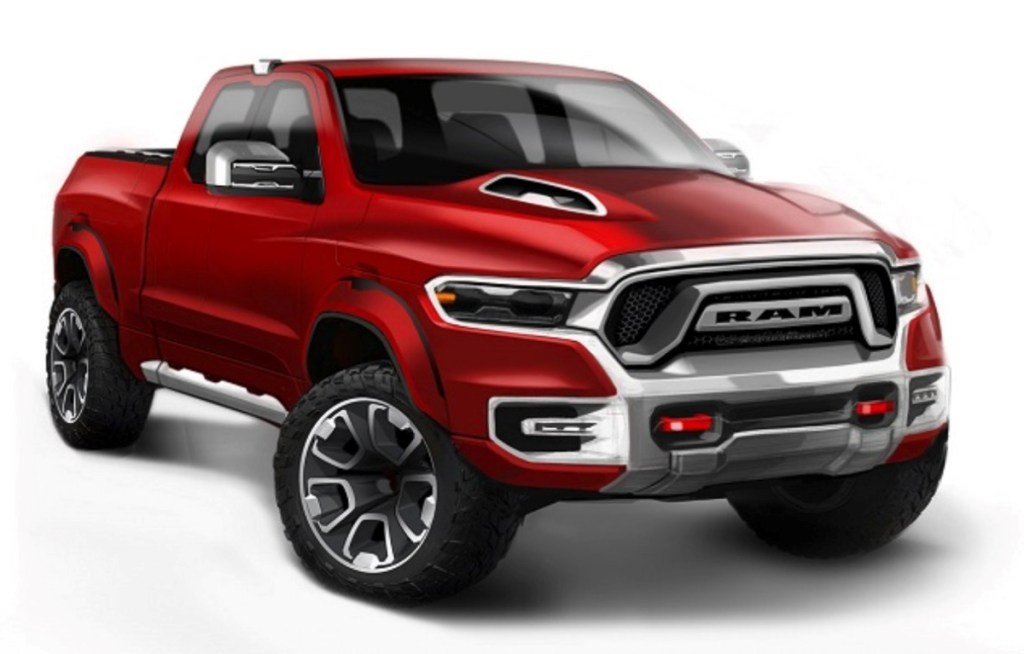Rendering showing the front view of a red 2024 Dodge Dakota, highlighting its release date and price