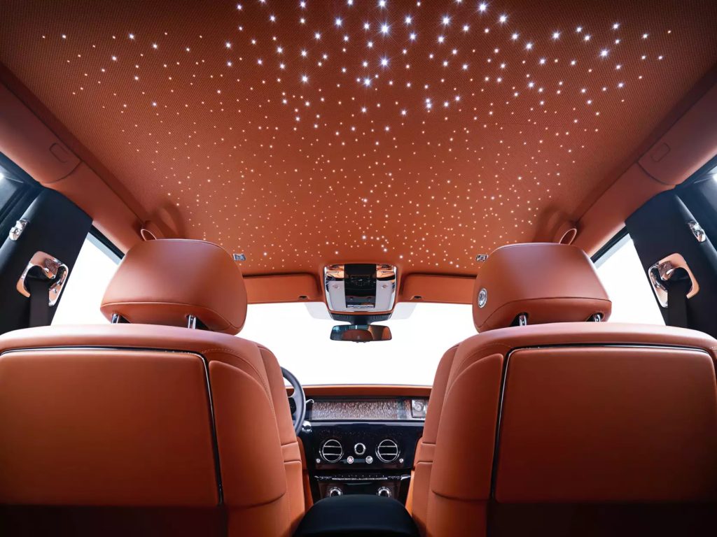 The interior of a Rolls-Royce Phantom, the only automaker that engineers its own premium audio system, Bespoke Audio. 