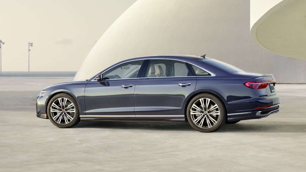 Side view of blue-gray 2022 Audi A8, one of the safest luxury cars to buy in 2022