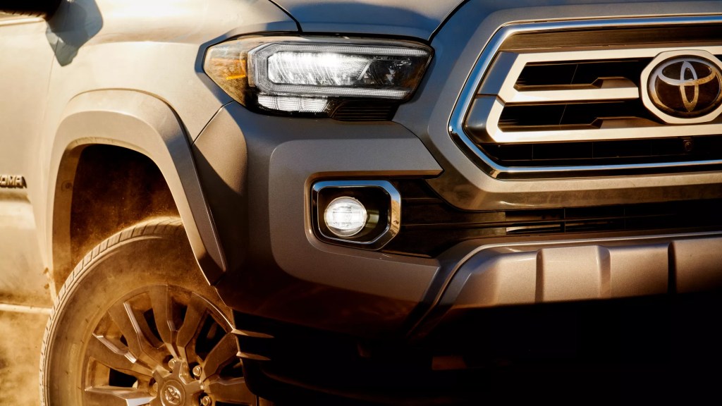 The front grille of a Toyota mid-size truck, the 2022 Toyota Tacoma.
