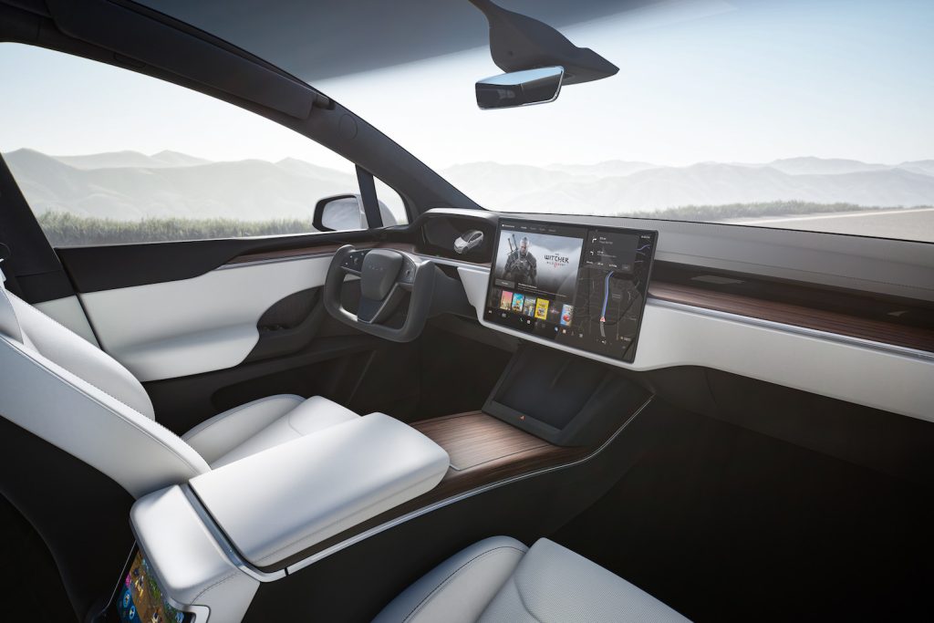 White interiors of a new Tesla car.