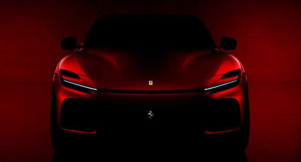 A red Ferrari Purosangue teaser.