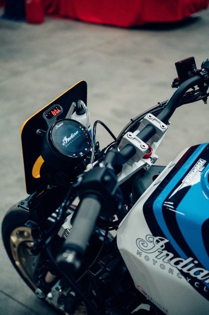 The Indian FTR AMA's handlebars and dash with Motogadget speedometer